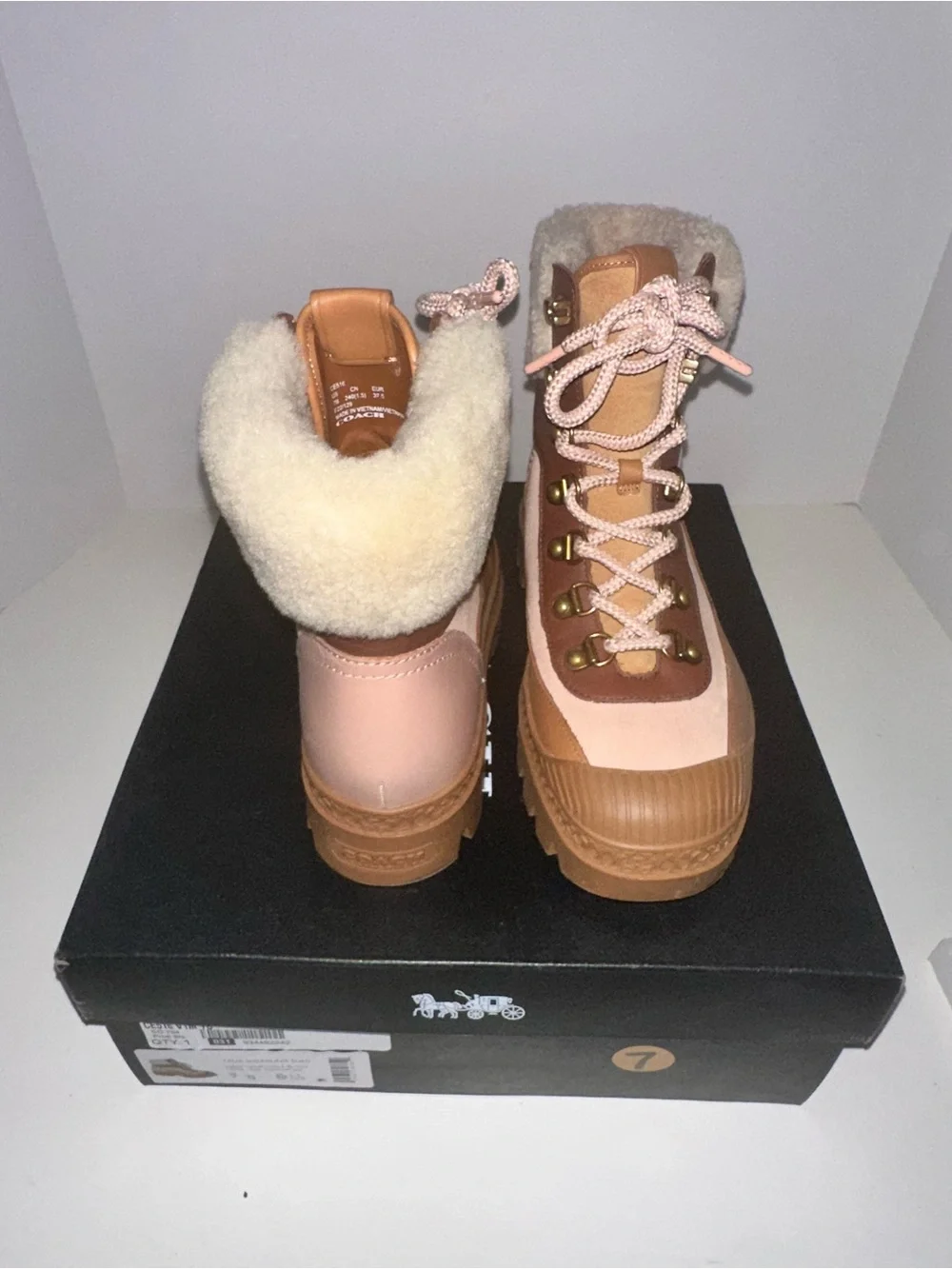 Coach Pink and Tan Lace-Up Shearling-Trim Boots